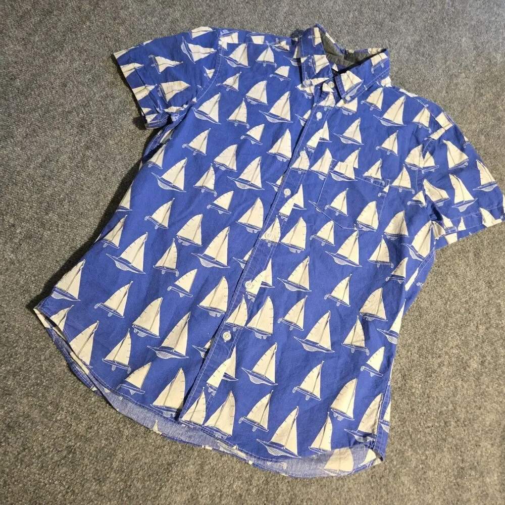 J Crew Shirt Mens Medium Blue Sailboats Button Down Short Sleeve Pocket